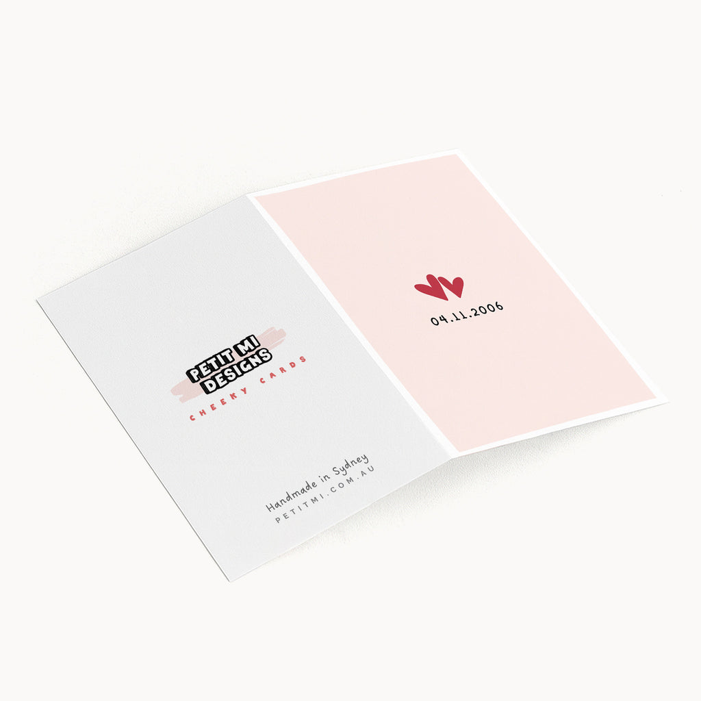 Inside view of anniversary love date greeting card showing heart design and Petit Mi branding