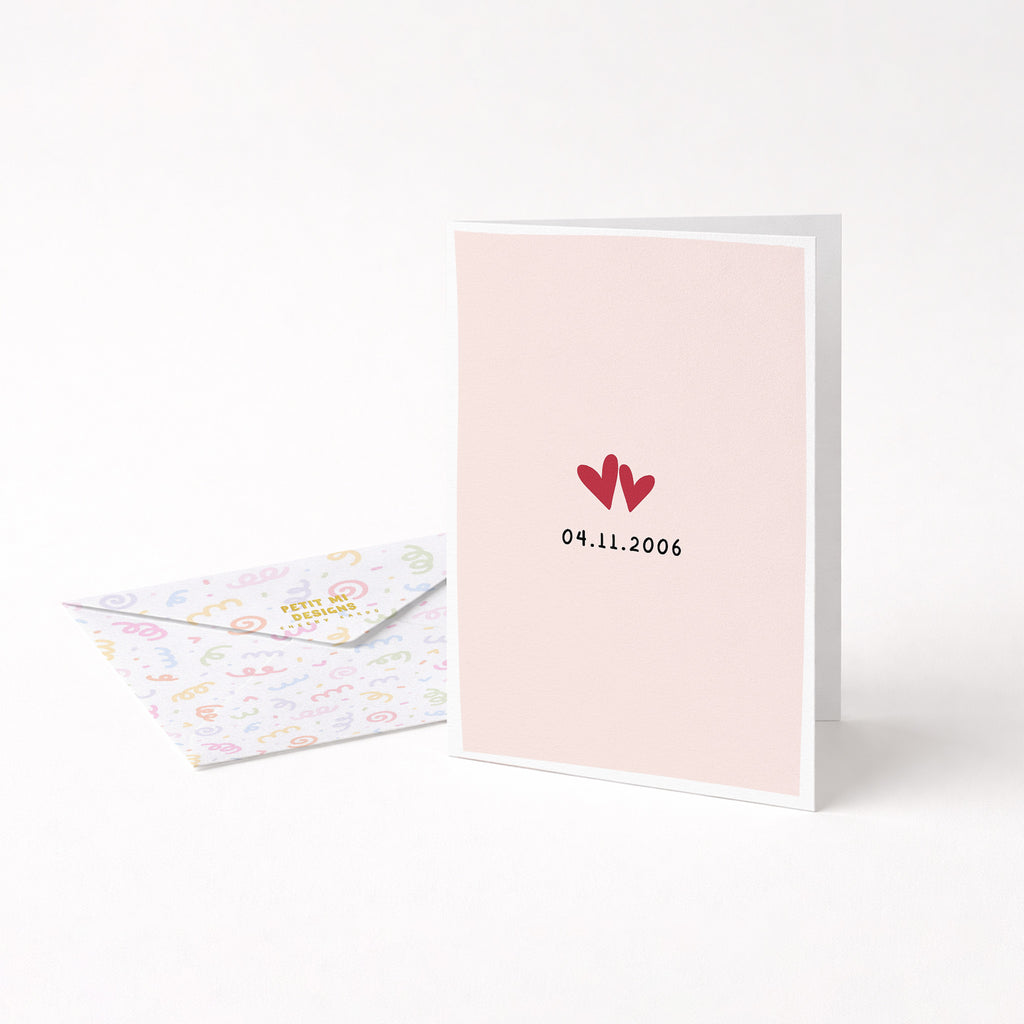 Anniversary love date greeting card standing upright with pastel envelope included